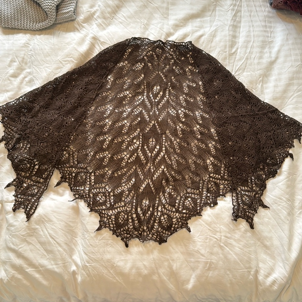 Hand Made Dark Brown Lace Crochet Shawl Scarf